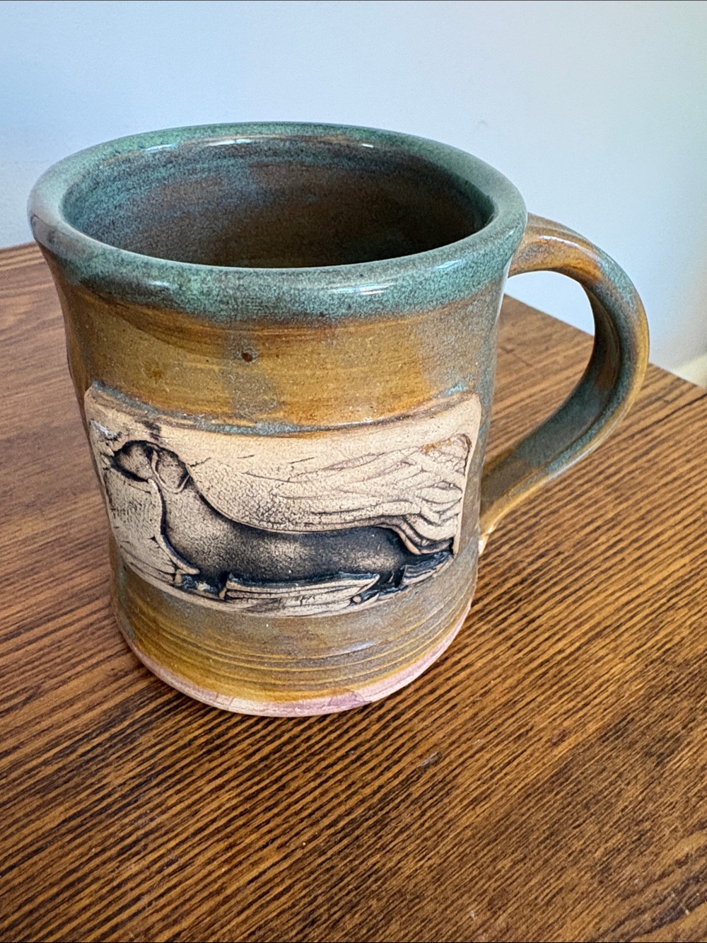 Pottery Dachshund Mug in Green & Brown Glaze Artist Signed
